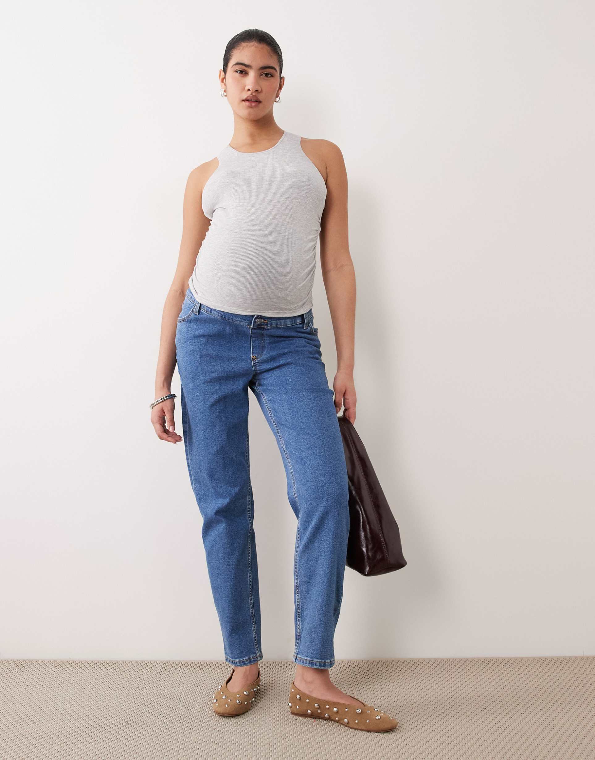 asos design maternity slim fit mom jeans in mid blue