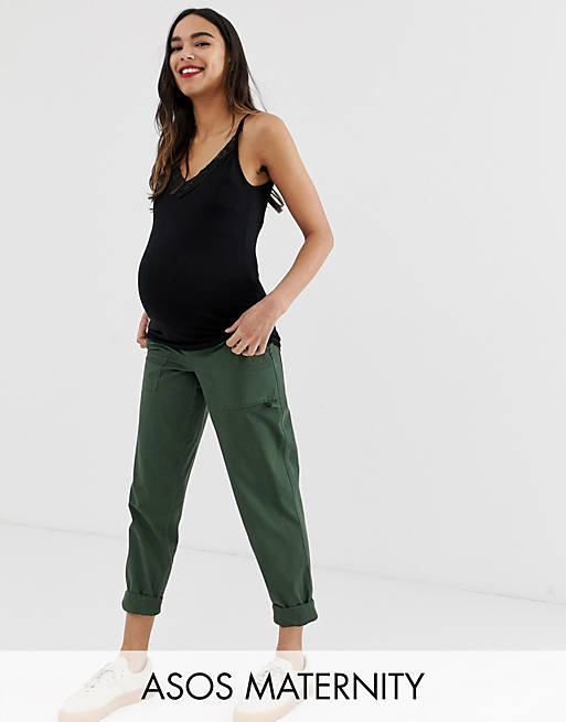 ASOS DESIGN Maternity slim leg combat trousers in khaki with under the bump waistband
