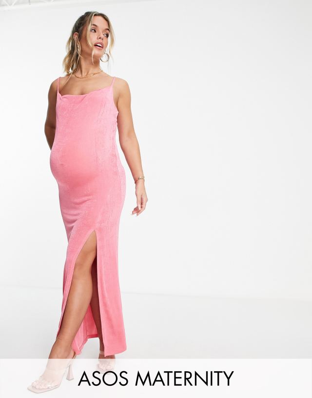 ASOS DESIGN Maternity slinky cowl neck beach maxi dress in pink