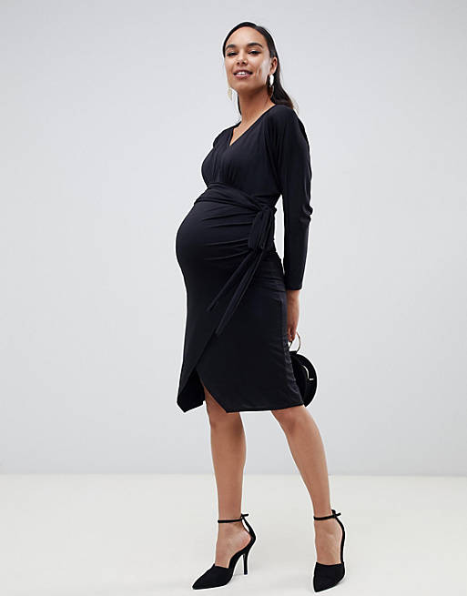 ASOS DESIGN Maternity Slinky wrap tie midi dress | ASOS