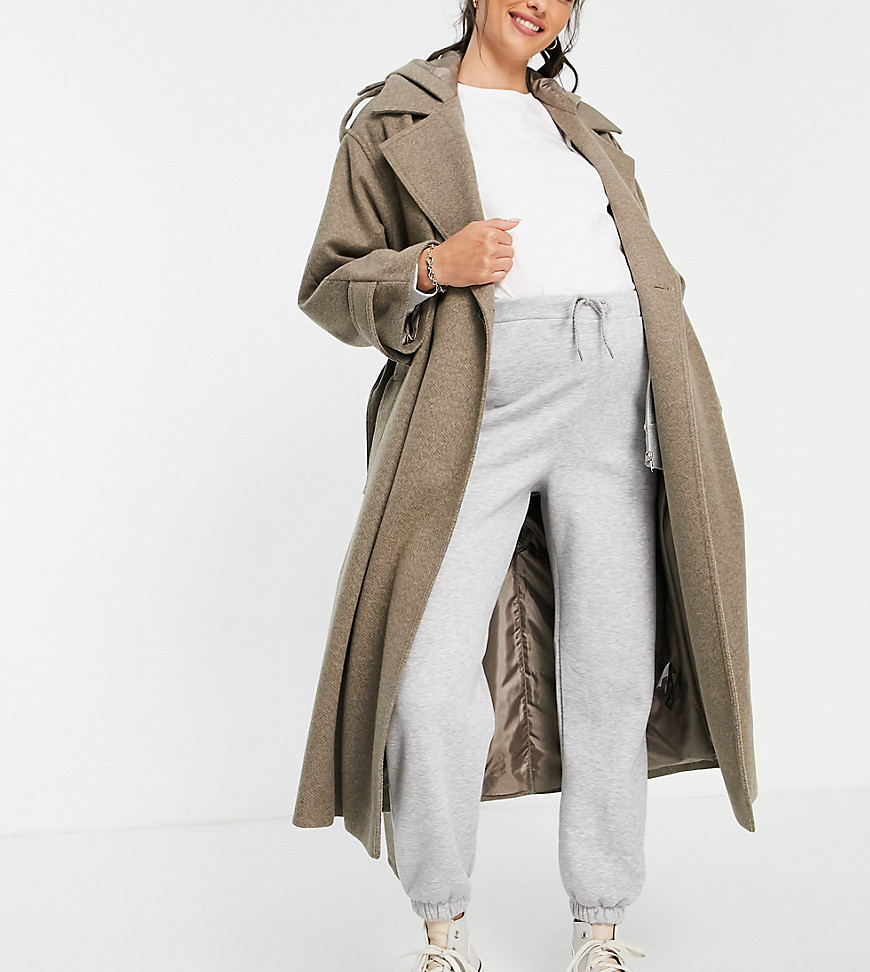 ASOS Maternity ASOS DESIGN Maternity slouchy belted coat with hood in mushroom-Grey