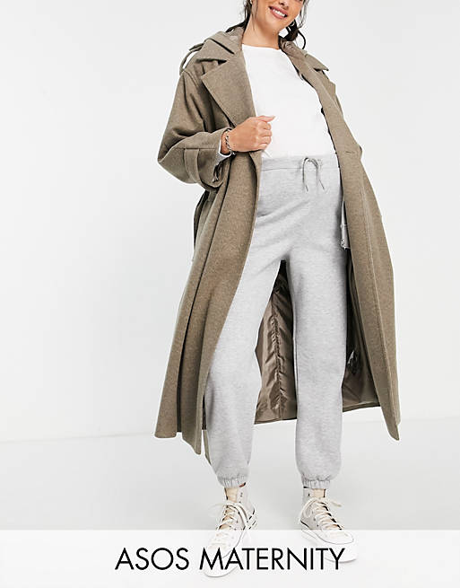 ASOS DESIGN Maternity slouchy belted coat with hood in mushroom