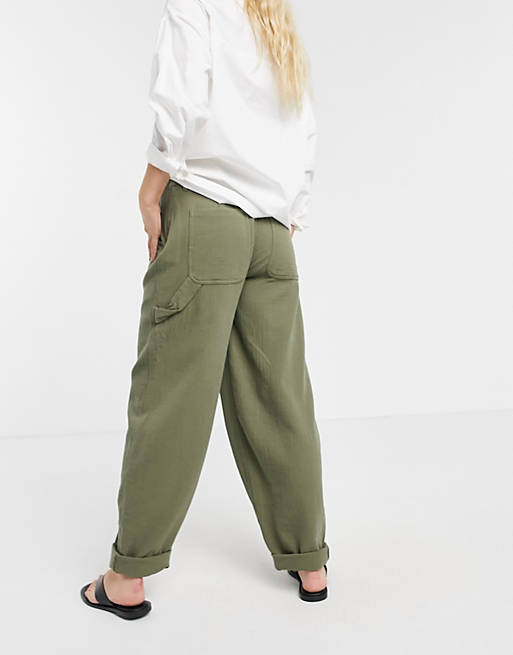 Women Maternity slouchy chino trouser in khaki cheesecloth with side bump band 