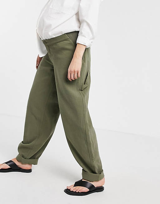 Women Maternity slouchy chino trouser in khaki cheesecloth with side bump band 