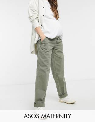 ASOS DESIGN Maternity slouchy chino trouser in khaki with over the bump band 