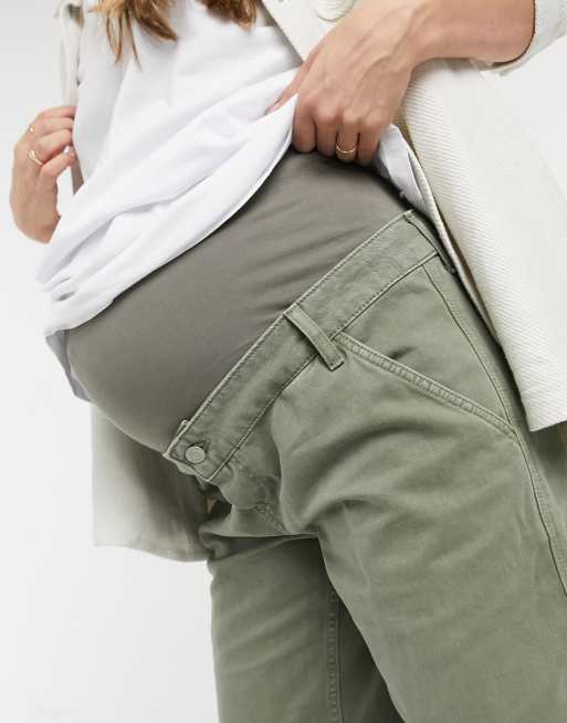 ASOS DESIGN Maternity slouchy chino trouser in khaki with over the bump band , 3 of 4