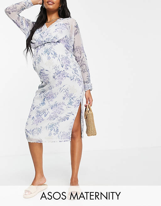 Women Maternity slouchy midi dress with blouson sleeve in floral print 