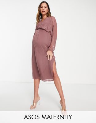 ASOS Maternity ASOS DESIGN Maternity slouchy midi dress with blouson sleeve in rose-Pink