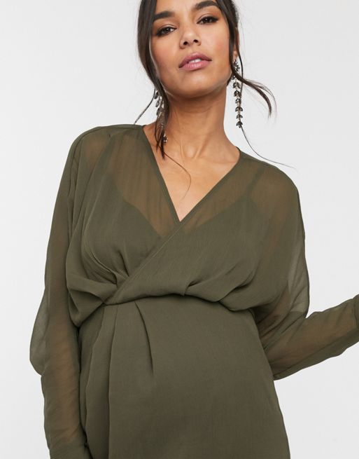 ASOS DESIGN Maternity wrap slinky blouson sleeve midi dress in