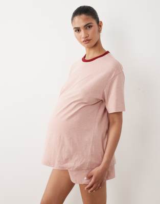 Asos Maternity Asos Design Maternity Slubby Cotton Oversized Tee And Shorts Set With Contrast Neck Binding In Pink