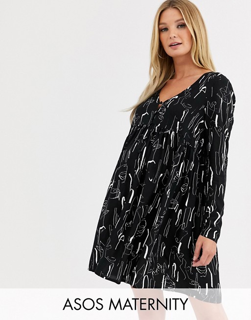 ASOS DESIGN Maternity smock mini dress with button through in abstract print