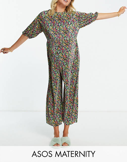 ASOS DESIGN maternity smock plisse jumpsuit in floral print