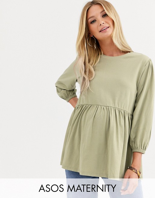 ASOS DESIGN Maternity smock top in wash with blouson sleeve detail