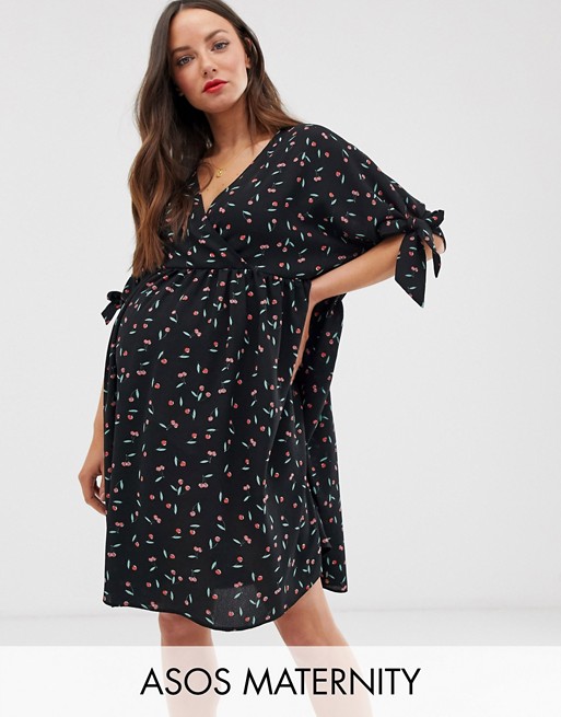 ASOS DESIGN Maternity smock wrap mini dress with tie sleeves in cherry print