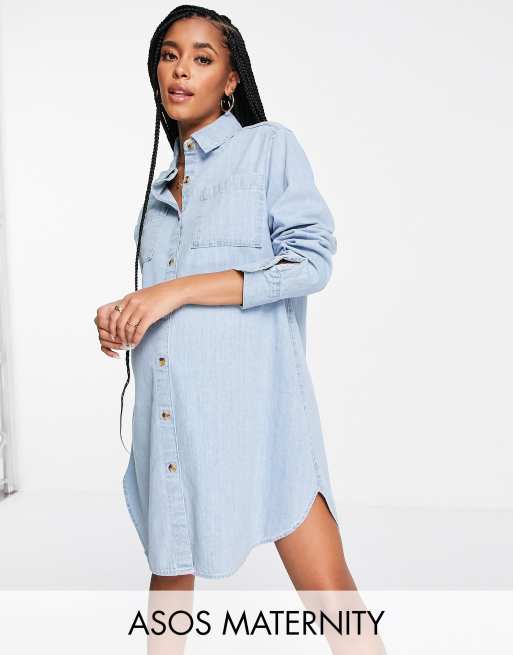 ASOS DESIGN Maternity soft denim oversized shirt dress in mid wash | ASOS