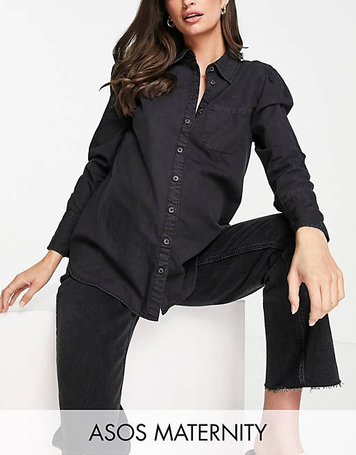 Tops Shirts & Blouses/Maternity soft denim puff sleeve shirt in washed black 