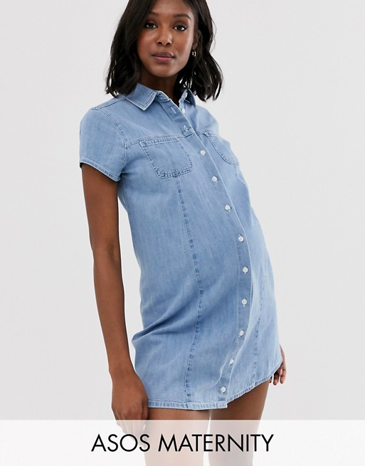 ASOS DESIGN Maternity soft denim short sleeve shirt dress midwash blue