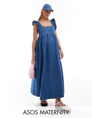 ASOS DESIGN Maternity soft denim smock maxi dress with bow back in midwash blue