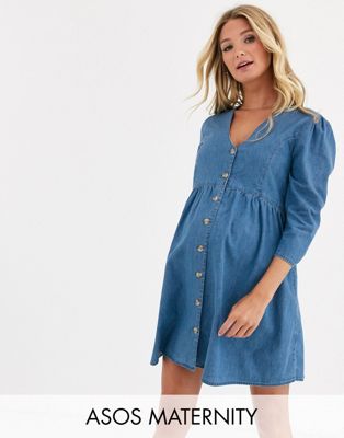 ASOS DESIGN Maternity soft denim tea dress in midwash blue | ASOS