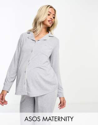 Asos Maternity Asos Design Maternity Soft Jersey Long Sleeve Shirt & Pants Pajama Set With Contrast Piping In Gray