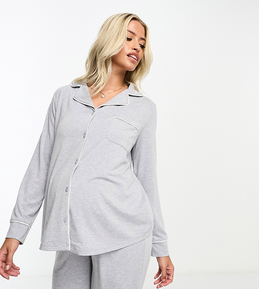Asos Maternity Asos Design Maternity Soft Jersey Long Sleeve Shirt & Pants Pajama Set With Contrast Piping In Gray