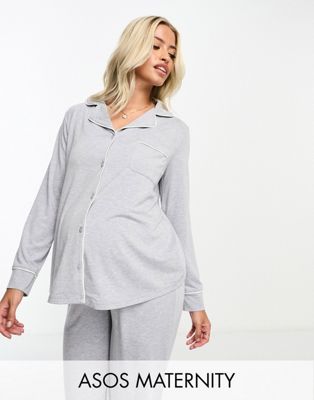 ASOS DESIGN Maternity soft jersey long sleeve shirt & trouser pyjama set with contrast piping in grey marl