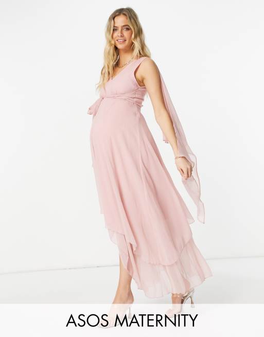 ASOS DESIGN Maternity soft layered maxi dress with tie waist detail in soft  pink