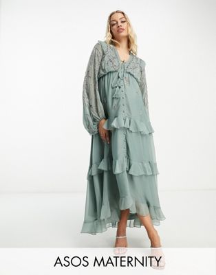 ASOS DESIGN Maternity soft midi dress with button front and trailing floral embellishment in sage
