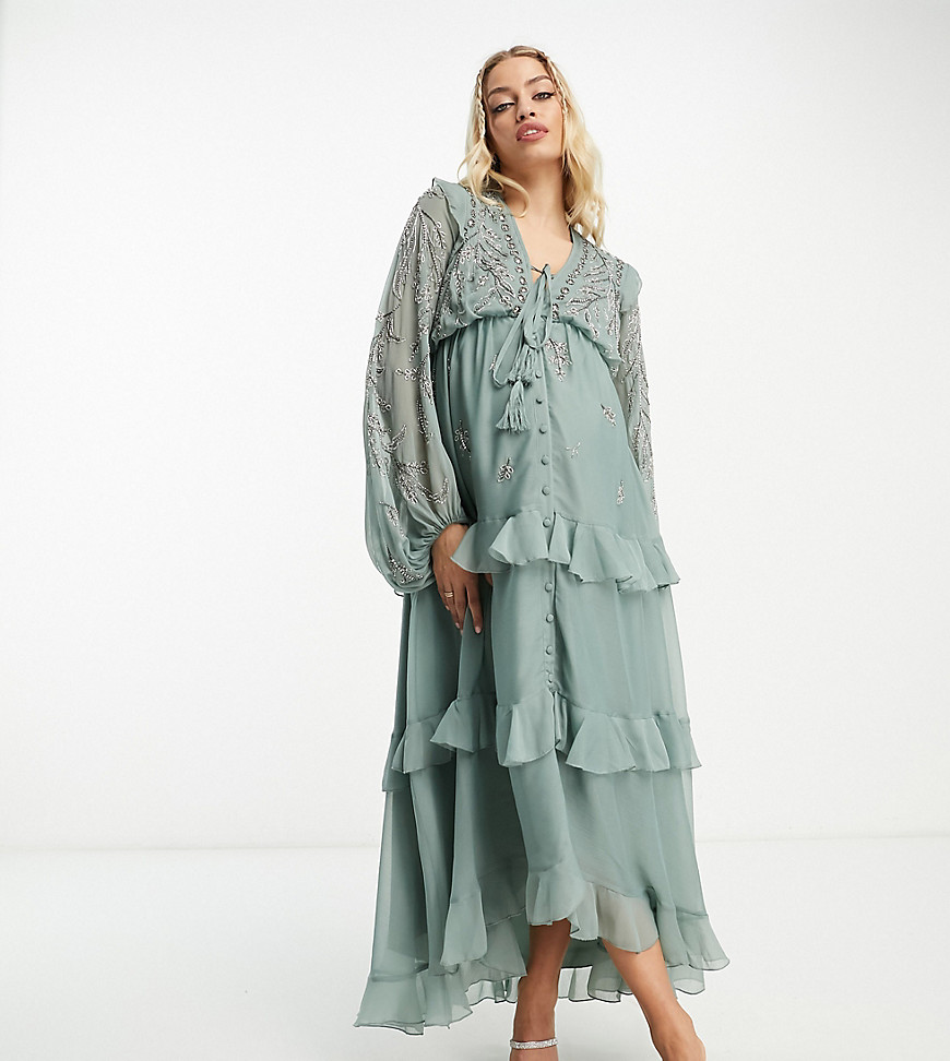 Asos Maternity Asos Design Maternity Soft Midi Dress With Button Front And Trailing Floral Embellishment In Sage-gr In Green