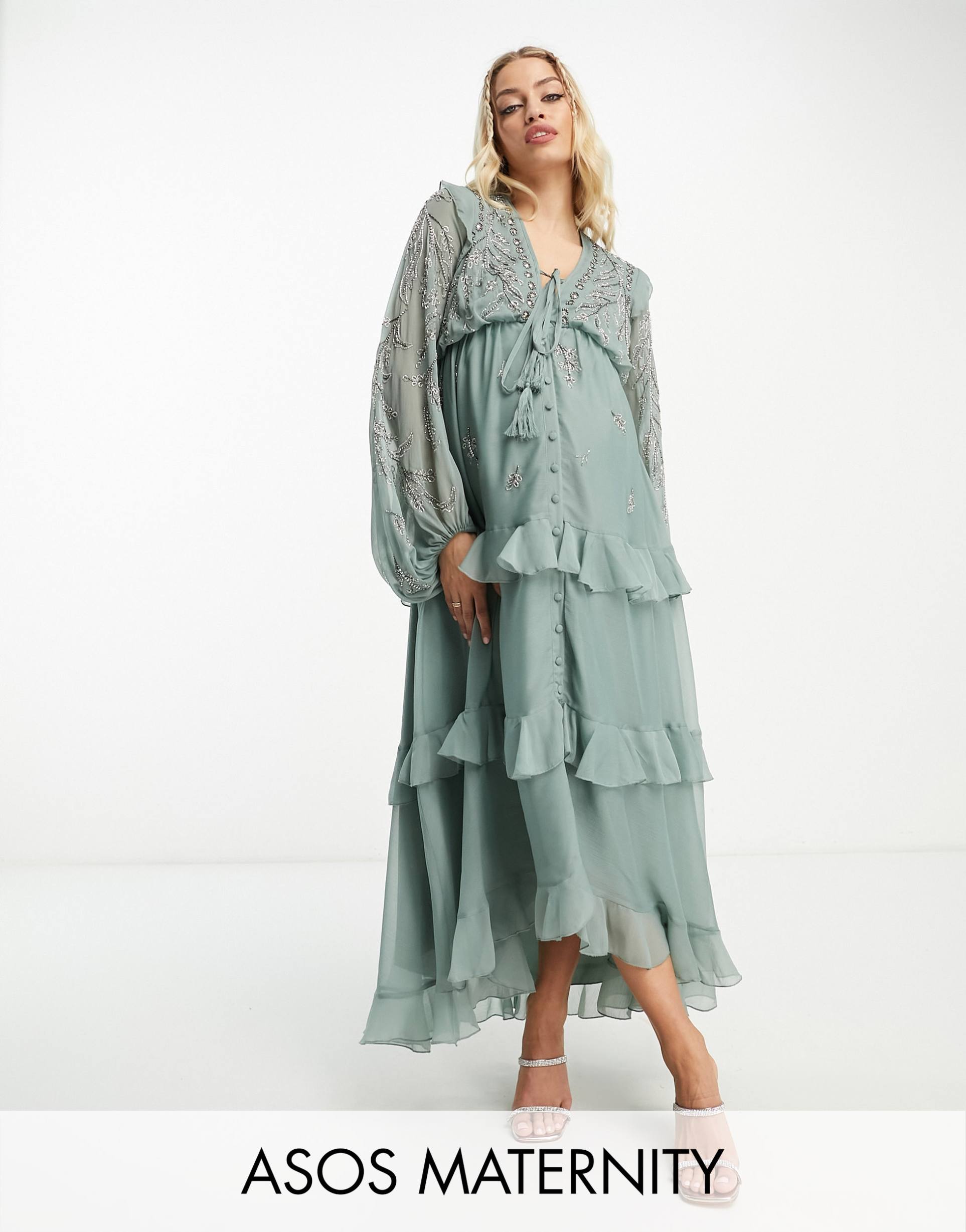 asos design maternity soft midi dress with button front and trailing floral embellishment in sage