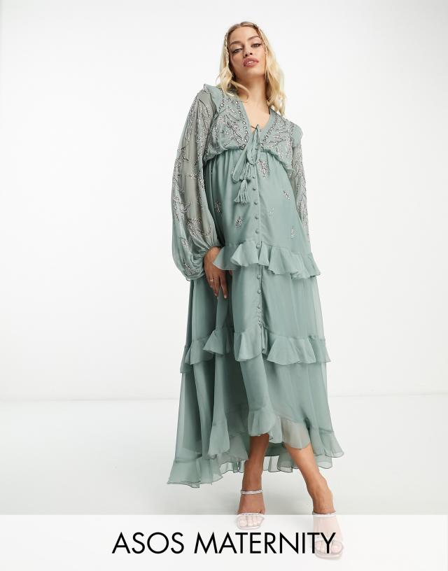 ASOS DESIGN Maternity soft midi dress with button front and trailing floral embellishment in sage