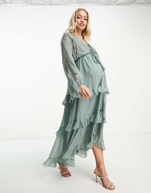 ASOS DESIGN Maternity off shoulder wrap plisse midi dress in soft