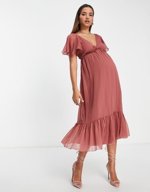 ASOS DESIGN Maternity off shoulder wrap plisse midi dress in soft pink