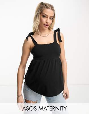 ASOS DESIGN Maternity - Sommerliches Oberteil in Schwarz mit gebundenen Trägern und ausgestelltem Saum-Black