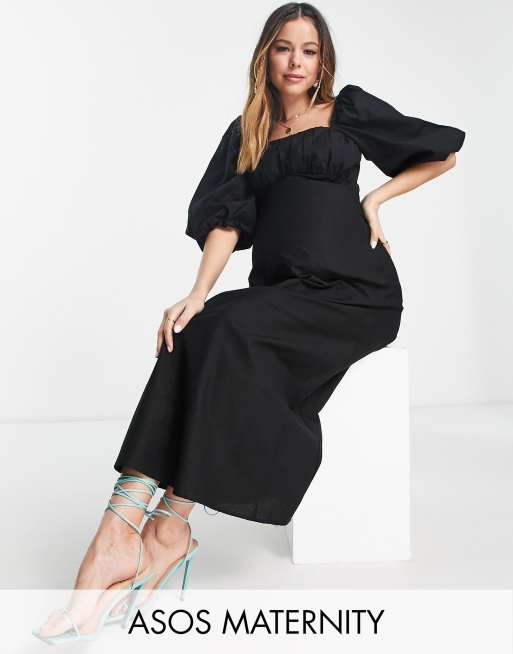 ASOS DESIGN Maternity - Sort midikjole med elastikdetalje og firkantet hals