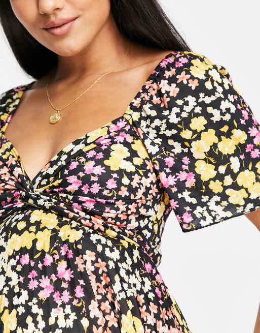 ASOS DESIGN Maternity - Sort midikjole med plisseret knude og blomstermønster, 3 af 4