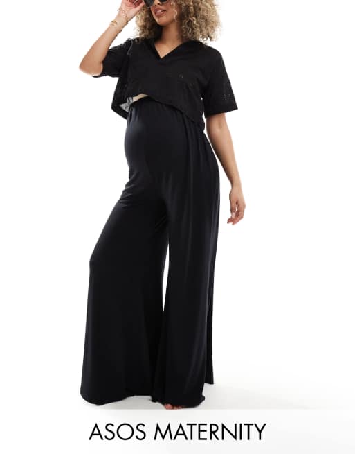 ASOS DESIGN Maternity - Sorte palazzo-strandbukser i jersey