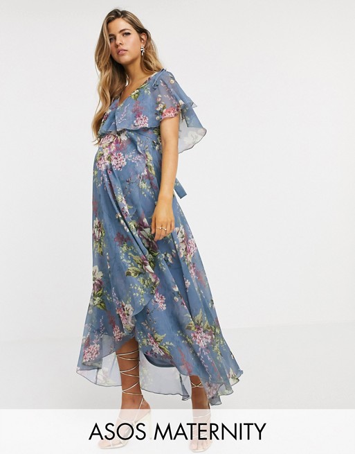 ASOS DESIGN Maternity split sleeve cape back dipped hem midi dress with tie shoulder in floral print