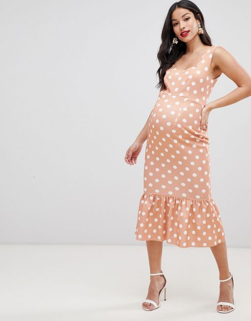 Asos Design Maternity Spot Print Scallop Bodycon Midi Dress Asos 