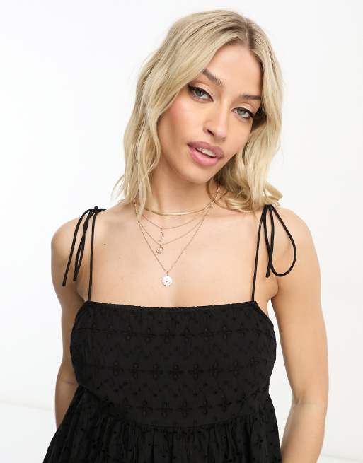 ASOS DESIGN Maternity square neck broderie sun top with tie shoulder in black, 3 of 4