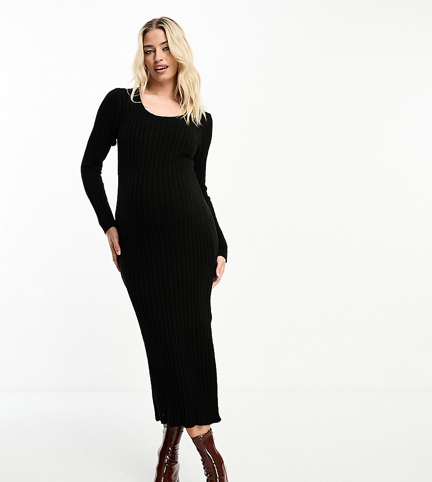 Asos Maternity Asos Design Maternity Square Neck Knit Midi Dress In Textured Yarn In Black