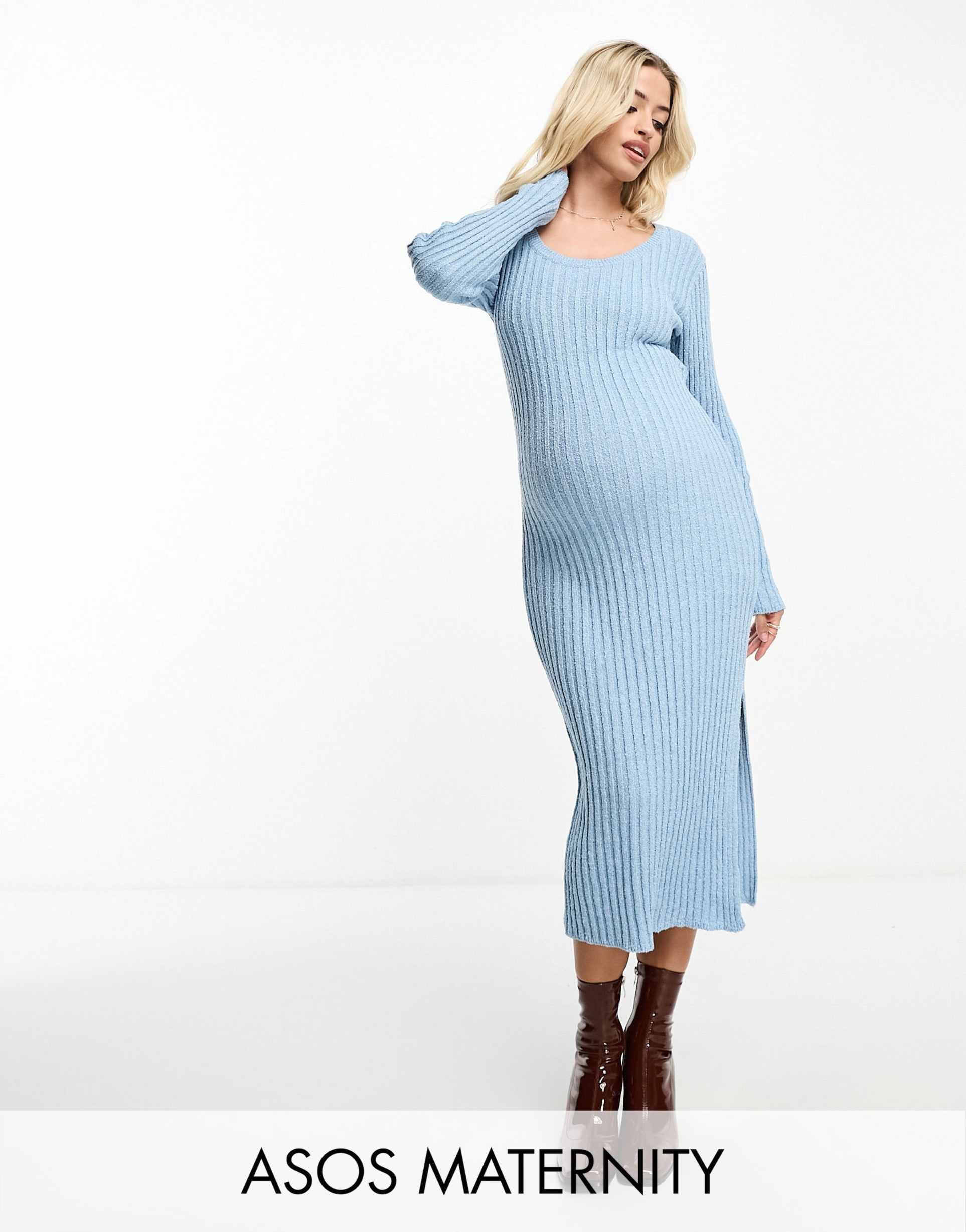 asos design maternity square neck knitted midi dress in textured yarn in blue