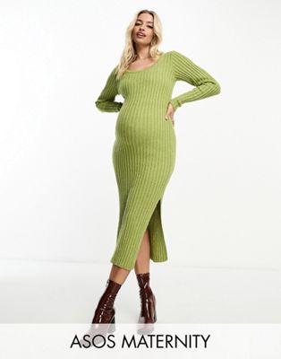ASOS DESIGN Maternity square neck knitted midi dress in textured yarn in green