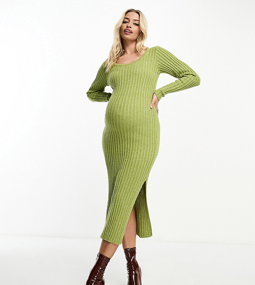 ASOS DESIGN Maternity square neck knitted midi dress in textured yarn in green