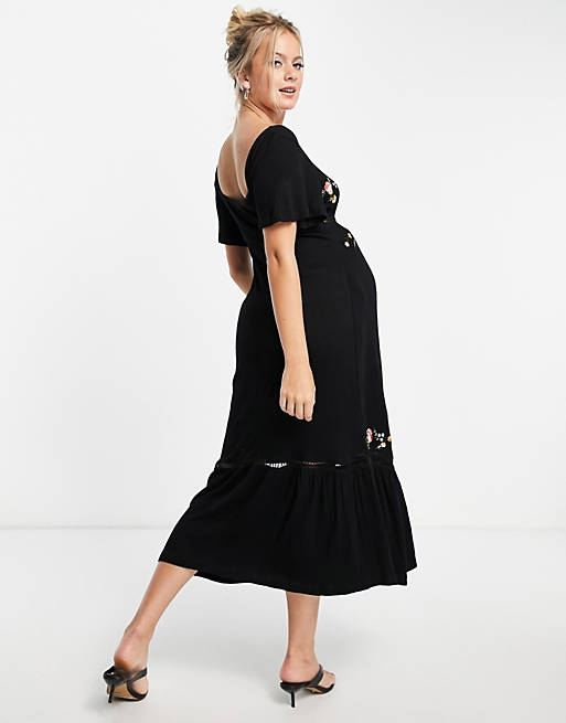 Dresses Maternity square neck midi crinkle dress with ladder trims and floral embroidery in black 