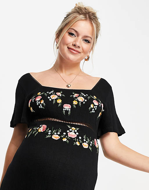 Dresses Maternity square neck midi crinkle dress with ladder trims and floral embroidery in black 
