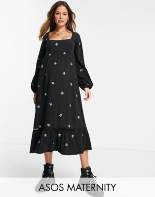 ASOS DESIGN Maternity square neck midi smock dress with all over flower embroidery in black   - ASOS Price Checker
