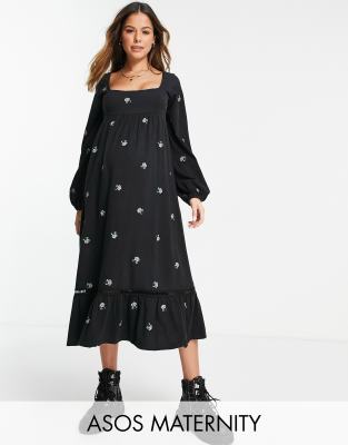 ASOS DESIGN Maternity square neck midi smock dress with all over flower embroidery in black   - ASOS Price Checker