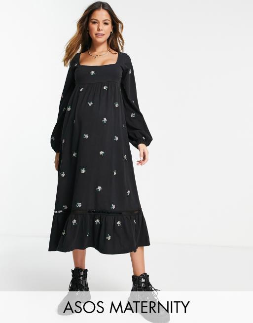 ASOS DESIGN Maternity square neck midi smock dress with all over flower embroidery in black ASOS