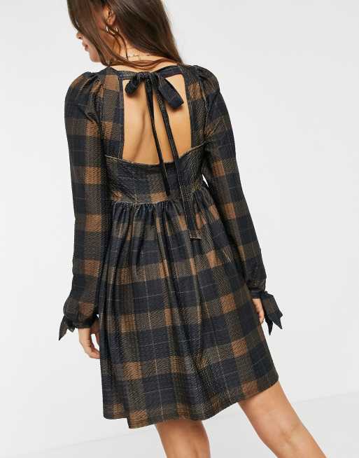 ASOS DESIGN Maternity square neck mini smock dress with tie cuff detail in brown check, 2 of 4